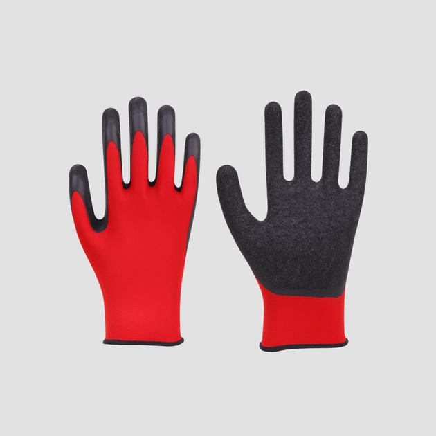 Darvin Packaging Ltd  pair of red and black rubber coated gloves on a light gray background